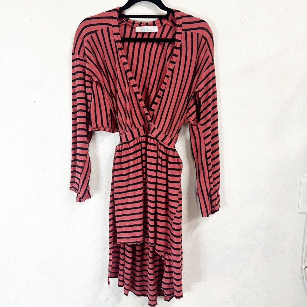 Free People Beach Striped Boho Dress Linen Hi-Low Flowy Open Front XS Midi Rare